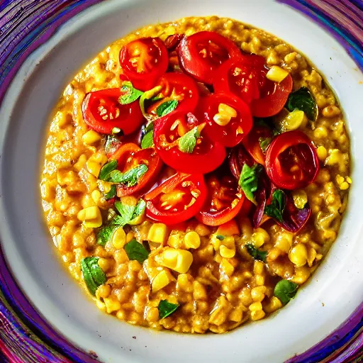 Image similar to A plate of maize porridge with tomato and onion relish, professional photography, 8k, food photography