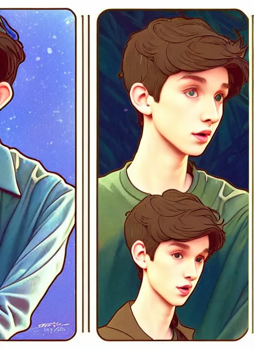 Prompt: cute troye sivan trading card design, natural lighting, path traced, highly detailed, high quality, digital painting, by don bluth and ross tran and studio ghibli and alphonse mucha, artgerm