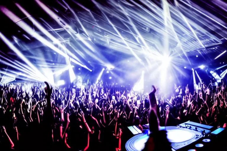 Image similar to a award winning photograph of a dj on stage spinning records with headphones looking over crowd dancing at a club, haze, moving heads light beams, spot lights, disco ball, silhouette