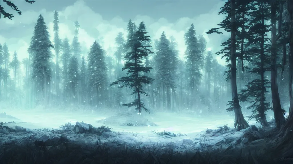 Image similar to forest clearing landscape, winter, studio ghibli, pixar and disney animation, sharp, rendered in unreal engine 5, highly detailed, digital painting, artstation, concept art, smooth, sharp focus, illustration, wide angle, artbook, wallpaper, splash art, promo art, dramatic lighting, art by artgerm and greg rutkowski and bo chen and jin xiaodi