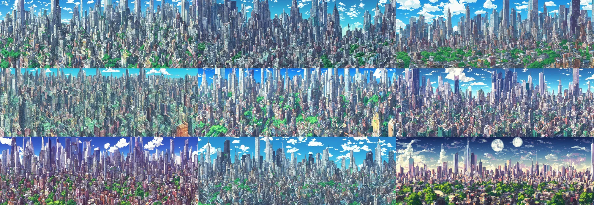 Prompt: new york city skyline in the far future, anime background by studio ghibli