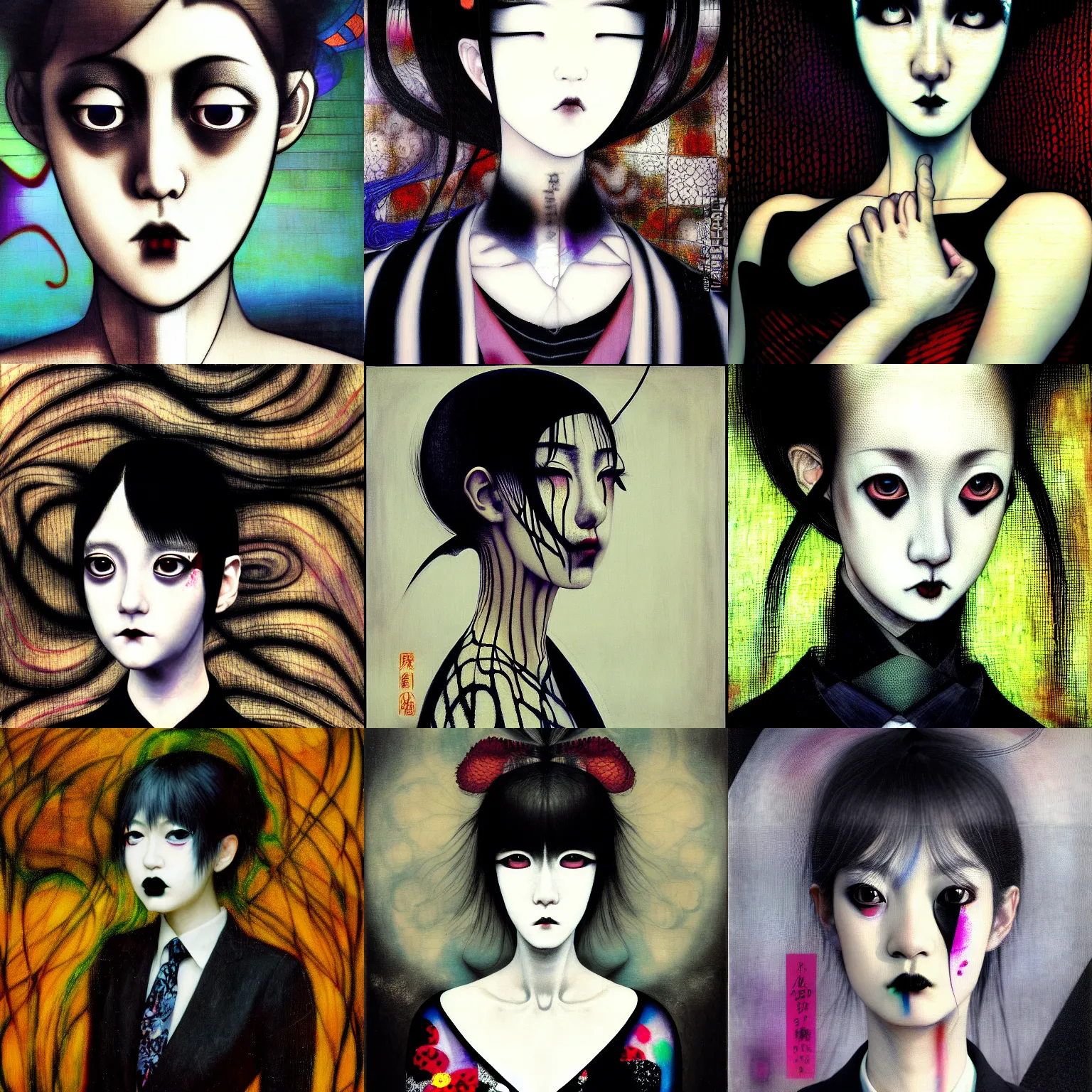 Image similar to yoshitaka amano blurred and dreamy realistic three quarter angle portrait of a young woman with black lipstick and black eyes wearing dress suit with tie, junji ito abstract patterns in the background, satoshi kon anime, noisy film grain effect, highly detailed, renaissance oil painting, weird portrait angle, blurred lost edges