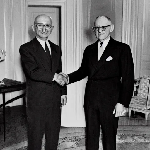 Prompt: monochrome vintage photograph of Harry Truman and a space alien shaking hands in the white house, 8k, ultra intricate, ultra detailed,