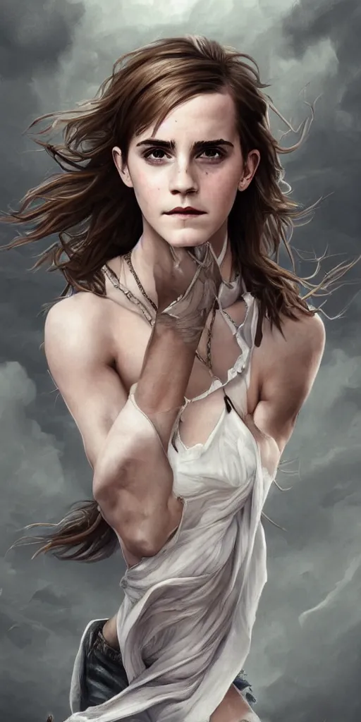 Image similar to clear portrait of emma watson, sinister appearance, ripped clothing, athletic, cottagecore!!, background hyper detailed, character concept, full body, dynamic pose, intricate, elegant, highly detailed, digital painting, artstation, concept art, smooth, sharp focus, illustration, art by artgerm and greg rutkowski and alphonse mucha