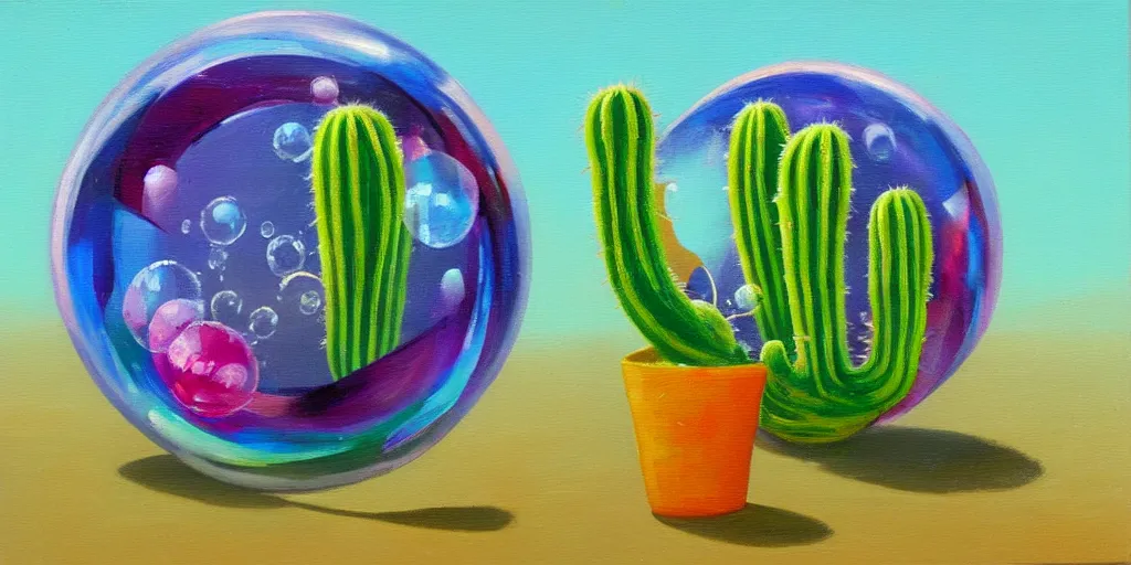 Prompt: soap bubble with a cactus inside it, oil painting