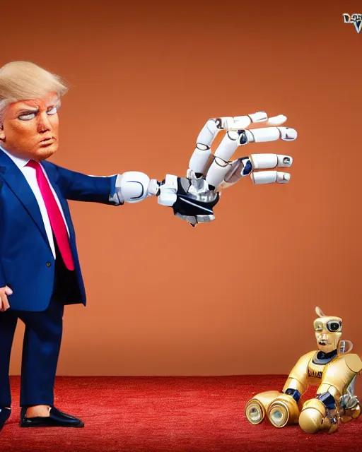 Image similar to Donald Trump as an animatronic Robot, Hyperreal, highly detailed hands and Face, Full Body, Studio Lighting, in the Style of Disney Imagineering