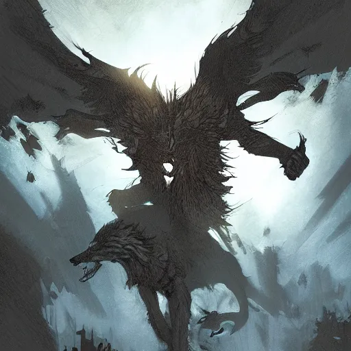 Prompt: king of the wolves. By Travis Charest, James Gurney, and Ashley Wood. dramatic lighting. Magic the gathering. digital painting.