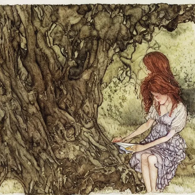 Prompt: a detailed, intricate watercolor and ink portrait illustration with fine lines of young 1 4 year old scarlett johannson happily reading under a tree, by arthur rackham and edmund dulac and lisbeth zwerger