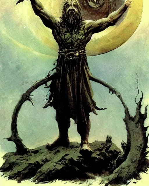 Prompt: a druid standing in a circle at the beginning of the world by frank frazetta