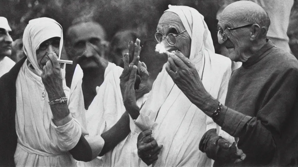 Image similar to mother teresa and mahatma gandhi sharing a cigarette, reminiscing, looking at a sunset