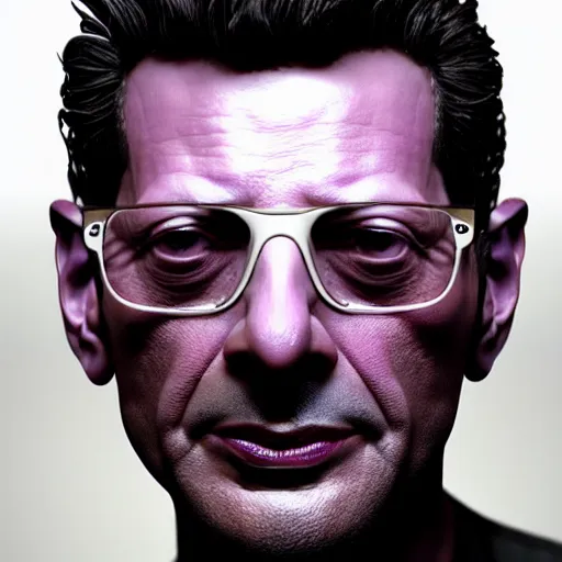 Image similar to close - up jeff goldblum face fused with violet plum ( ( lilac jeff goldblum's face ) ), jeff goldplum jeff goldblum sentient fruit, highly detailed, unreal engine, 3 d art, digital art, painting by greg rutkowski