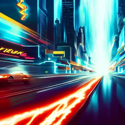 Prompt: the flash running through a neon city, 8k, artstation,