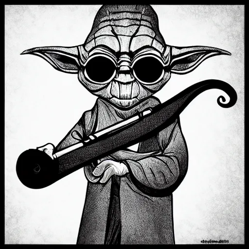 Image similar to Ink illustration Yoda playing the shofar, high contrast, trending on artstation