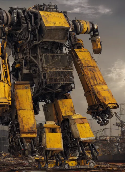 Prompt: a rusty old yellow colored big humanoid mech robot is helping out workers at chittagong ship breaking yard, matte painting, 8 k, artstation, octane, low camera angle, cinematic composition