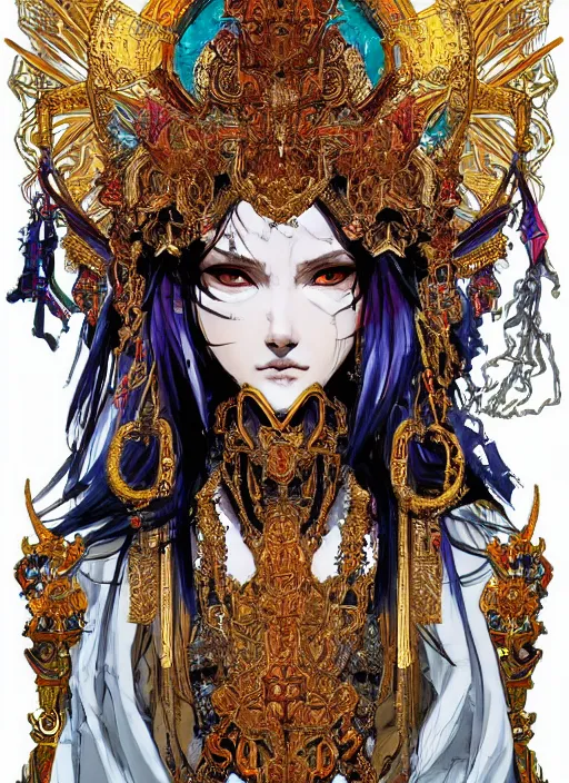 Prompt: Half body portrait of a beautiful high priestess in ornate white church robe, vibrant colours, chosen by the god, ornate. In style of Yoji Shinkawa and Hyung-tae Kim, trending on ArtStation, dark fantasy, great composition, concept art, highly detailed, dynamic pose.