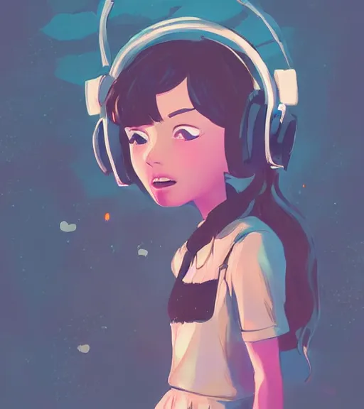 Image similar to beautiful little girl character inspired by 9 0's fashion and by madeline from celeste, art by rossdraws, wlop, ilya kuvshinov, artgem lau, sakimichan and makoto shinkai, concept art, headphones