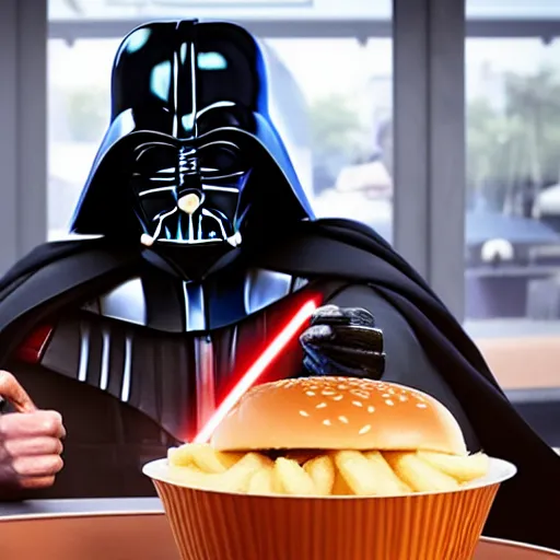 Prompt: A still of Darth Vader eating at McDonalds, 4k, photograph, ultra realistic, highly detailed, professional lighting