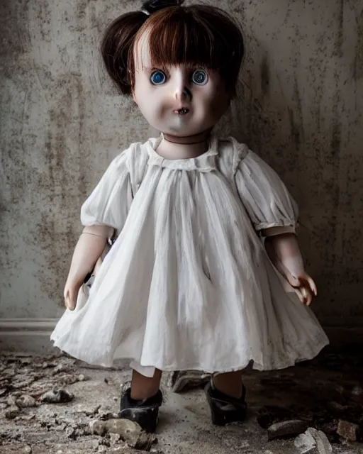 Image similar to portrait of a creepy little girl porcelain doll wearing a dirty white dress with long wet black hair standing in a filthy room in an abandoned old asylum, photo by mario testino, 8k octane render, cinematic,