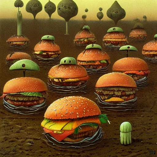 Prompt: a hyperrealistic painting of a burger filled with alien plants and disturbing meat, by john kenn mortensen and zdzislaw beksinski, highly detailed, vivid color,
