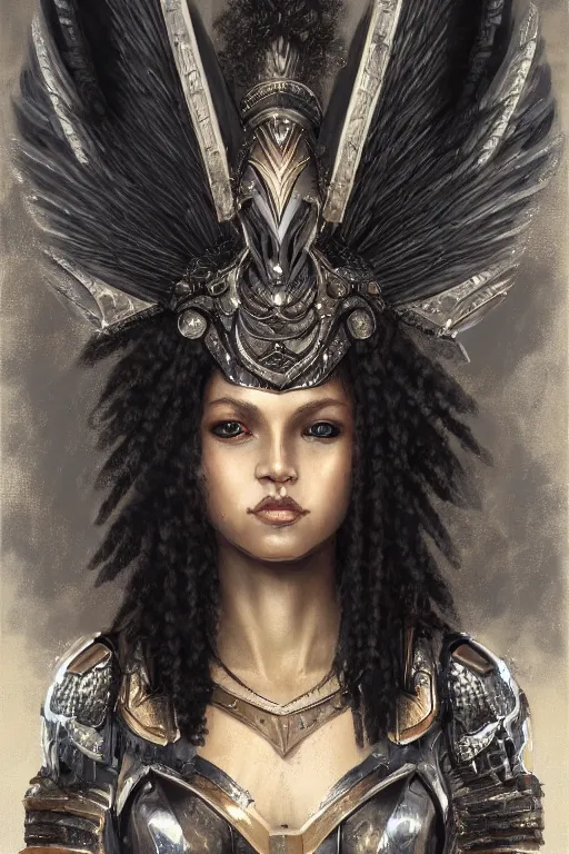 Image similar to a full portrait of a black female valkyrie, winged helmet, intricate, elegant, highly detailed, digital painting, japanese, artstation hyperdetailed, 8 k, realistic, symmetrical, in the style of krenz cushart, artem demura