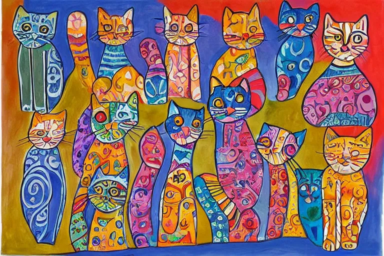 Prompt: beautiful art illustration of a group of cats by laurel burch, oil painting, highly detailed