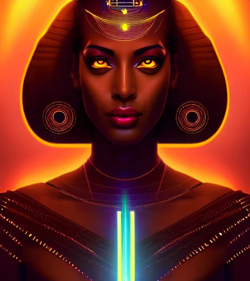 Image similar to symmetry!! egyptian goddess of technology, solid cube of light, hard edges, product render retro - futuristic poster scifi, lasers and neon circuits, brown skin beautiful egyptian goddess, intricate, elegant, highly detailed, digital painting, artstation, concept art, smooth, sharp focus, illustration, dreamlike, art by artgerm