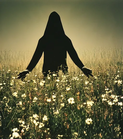 Image similar to mystical black death god figure standing in tall meadow of flowers, film photo, grainy, high detail, high resolution