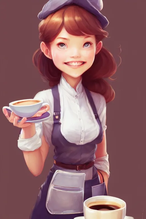 Prompt: a cute cafe waitress holding a coffee tray | | cute - fine - face, smiling, pretty face, fine details by stanley artgerm lau, wlop, rossdraws, james jean, andrei riabovitchev, marc simonetti, and sakimichan, trending on artstation