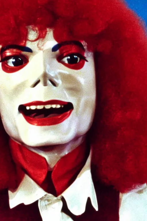 Image similar to film still of michael jackson as ronald mcdonald, full-shot, 4k