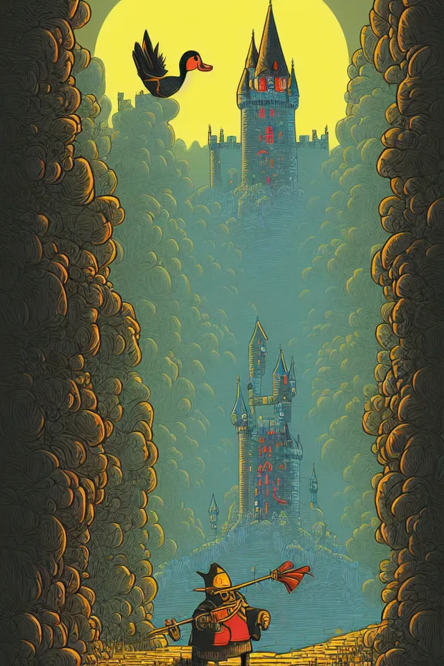 Image similar to a duck wizard, big castle by dan mumford