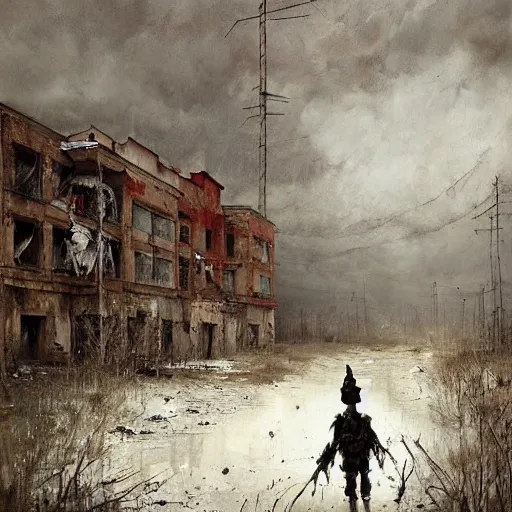 Image similar to painting of a abandoned post soviet town infested with humanoid root monsters by jakub rozalski