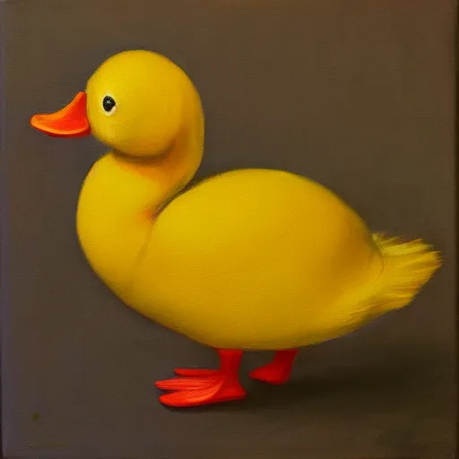 Prompt: yellow duck standing and holding a knife, oil painting