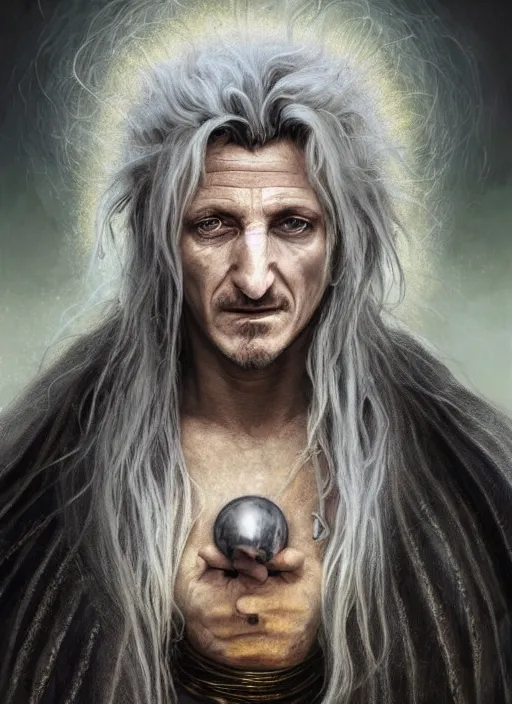 Image similar to Portrait of Sean Penn, white glowing eyes, silver shaggy hair, cloak, ethereal wings, male, fantasy, extremely detailed, digital painting, artstation, concept art, smooth, sharp focus, illustration, stunning lighting, art by artgerm and greg rutkowski and alphonse mucha and simon stalenhag, realistic character concept, high fantasy, light atmosphere, golden ratio, cinematic lighting, hyperdetailed, high resolution, insanely detailed and intricate, artstation, Marc Simonetti, Greg Rutkowski, 8k