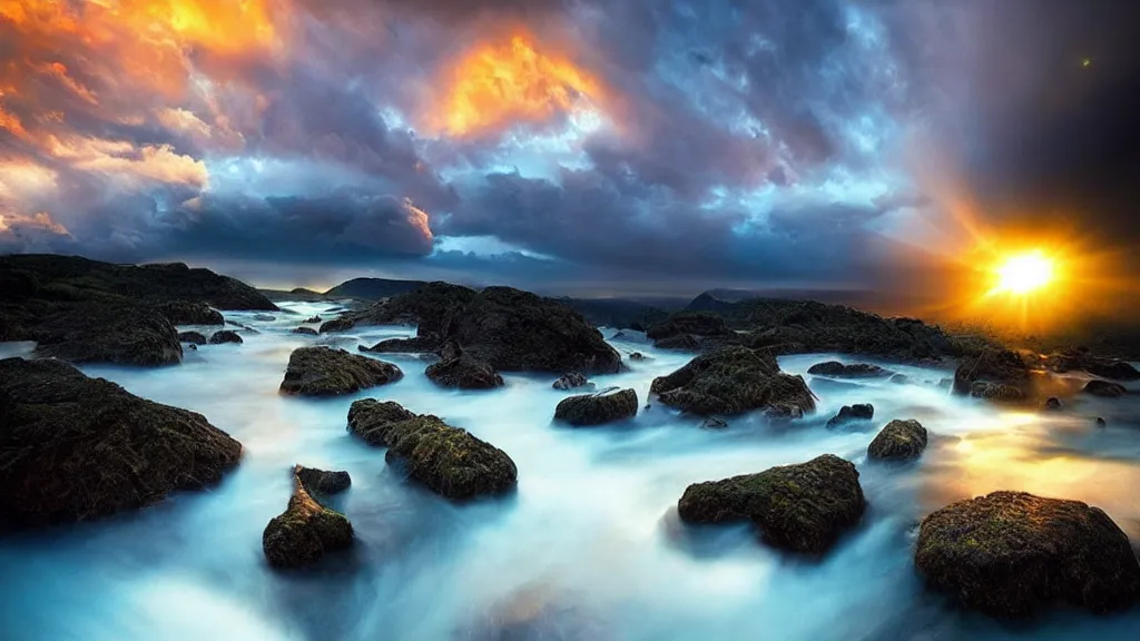 Image similar to amazing landscape photo by marc adamus, beautiful dramatic lighting