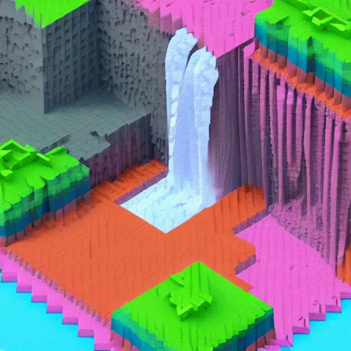 Image similar to a beautiful waterfall, 3 d voxel art, pastel tones