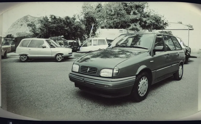 Prompt: vintage polaroid photograph of a 1995 volvo car parked in the parking lot of a beach