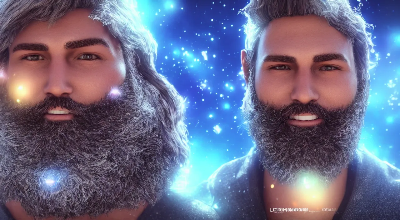 Prompt: Close up smiling handsome man with glowing galaxy eyeballs and majestic beard, professional studio photography, depth of field, intricate details, photorealistic, high quality. Rendered with autodesk arnold unreal engine octane render Lumion Blender Maxwell.