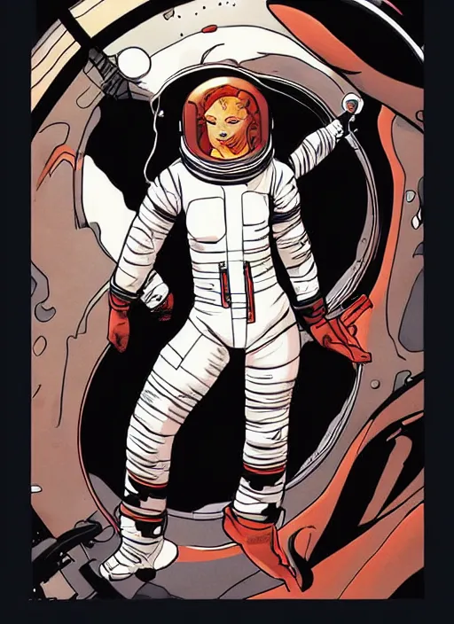 Image similar to a woman with red hair floating in space. she is an astronaut, she is wearing a space suit. well composed, clean elegant painting, beautiful detailed face. comic book art with heavy black outlines by mike mignola