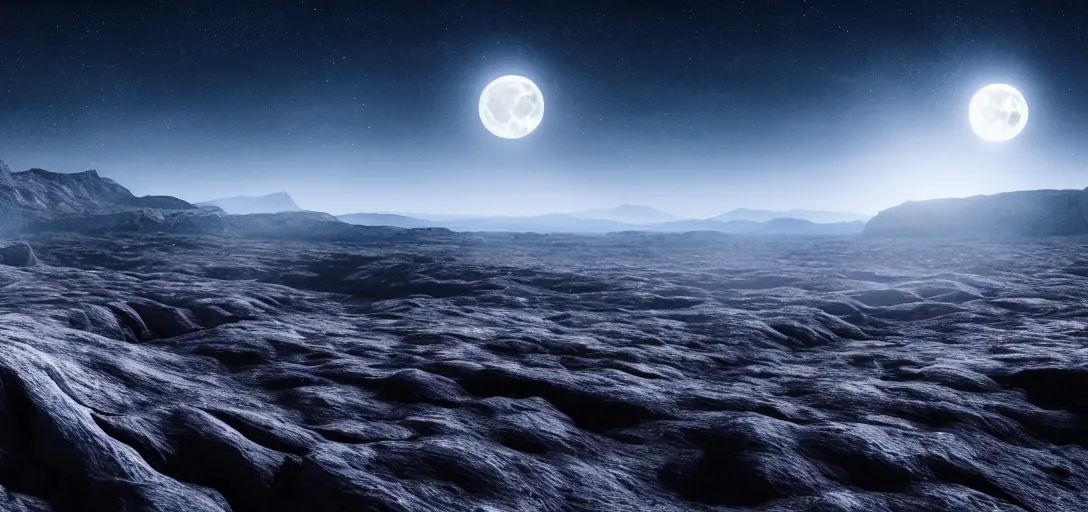 Image similar to uhd, filmic lighting, cinematic art shot, hyperrealistic, hyperdetailed, super detailed, 8 k, high resolution, moon landscape, white rocks made of bone, 8 k uhd matte painting, mega high white mountain, midnight