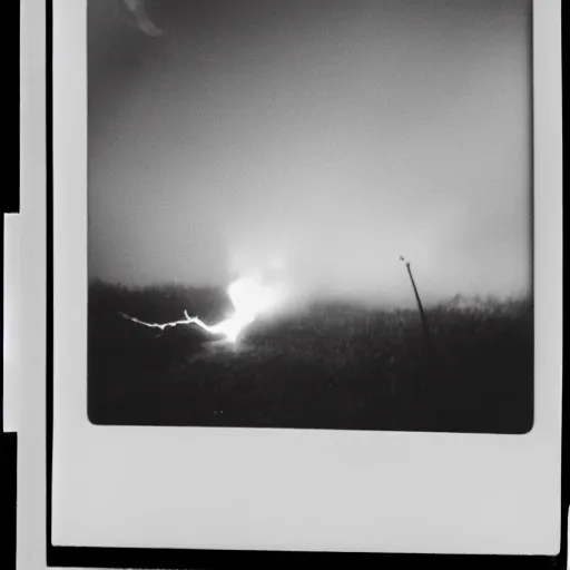 Image similar to low wide angle, old polaroid of a man being hit by a lighting strike, black and white