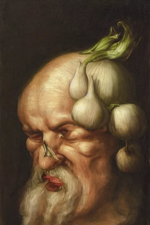 Prompt: garlic man portrait, baroque painting, smug garlic face, gaunt