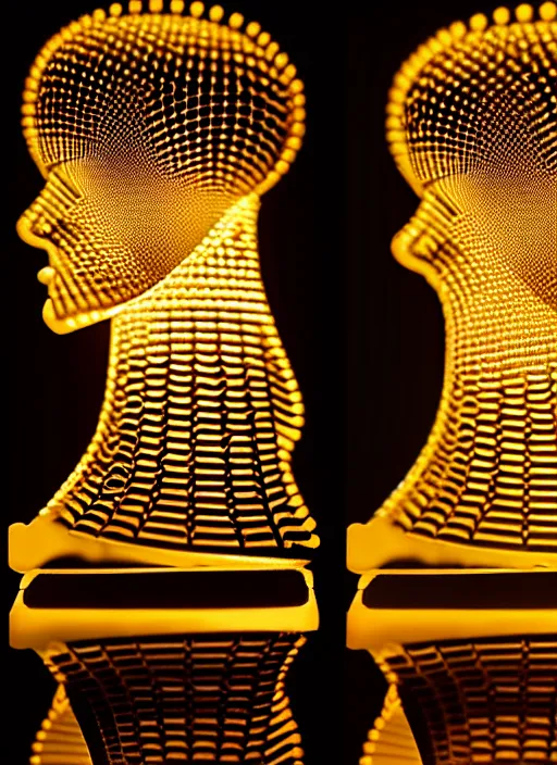 Image similar to ( beautiful queen chess piece ( top is biomechanical ) ( bottom is parametric ) ), reflection of led lights, algorithmic, intricate detail, futuristic, very detailed, highly detailed background, sharpfocus, photorealism, soft diffuse autumn lights, some sun lightray, dark room wall, canon 5 d 5 0 mm lens