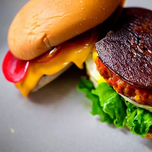 Prompt: Delicious cheeseburger, close up