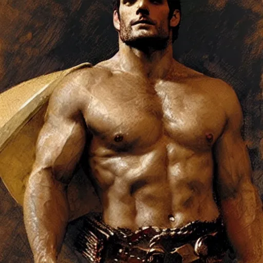 Image similar to Henry Cavill as a roman warrior, muscular, thighs!!!!, painting by Gaston Bussiere, Craig Mullins