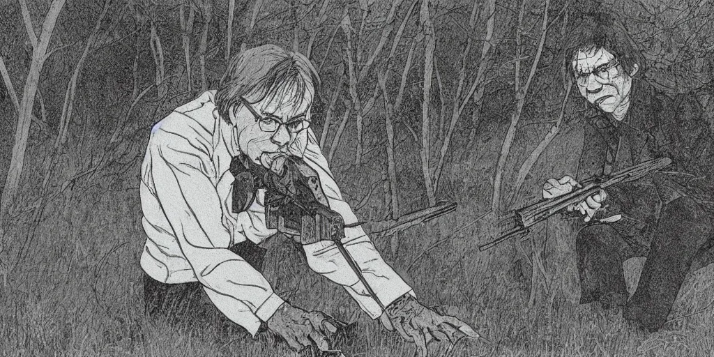 Prompt: film still, illustration, 1 9 8 0 s stephen king thriller, a man with a rifle hiding in a village, japanese illustrator, american rural area,