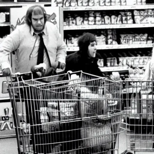 Prompt: Angry wolves are released on the set of Supermarket Sweep. (1975)