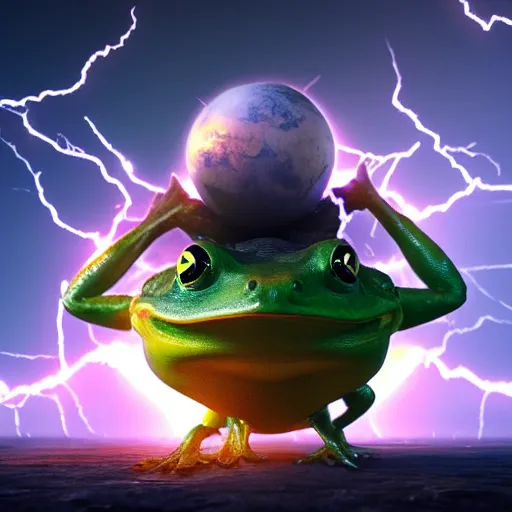 Image similar to a frog warrior lifting the entire planet, concept, art, octane render, cinematic rendering, dramatic lightning, 8 k, space colors