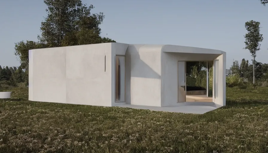 Prompt: A wide image of a full innovative contemporary 3D printed prefab cabin with rounded corners, beveled edges, made of cement, organic architecture, Designed by Gucci and Wes Anderson
