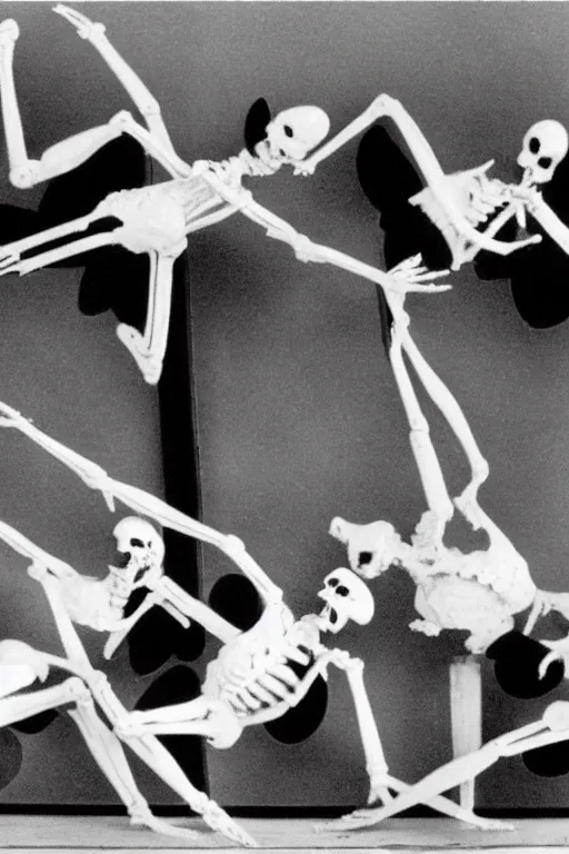 Prompt: Old black and white Soviet TV with four skeleton ballerinas performing Swan\'s Lake ballet. Extremely detailed. 4K. Award winning. Ultra realistic photo