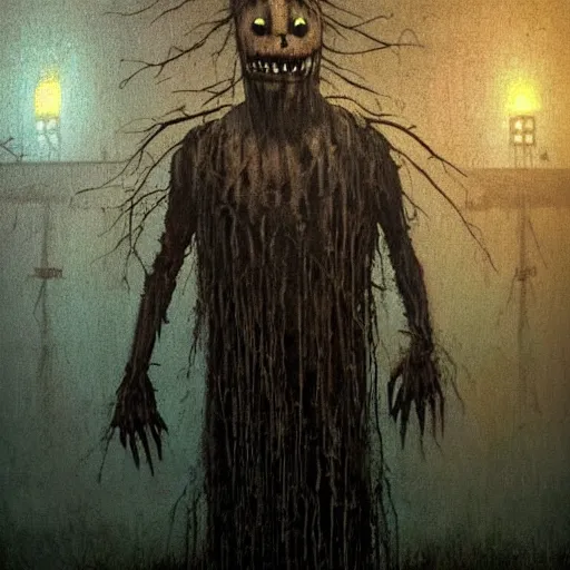 Image similar to creepy ruined abandoned fnaf character, fnaf animatronic rising from the lagoon at night, creepypasta, greg rutkowski, creepy dark beksinski painting, vhs footage, distorted, scary, creepy, haunted photo, really dark, slender, creature of the dark worlds, unsettling image, scp 0 9 6